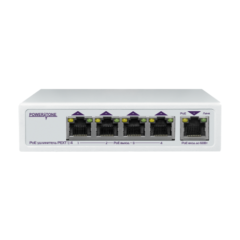 PoE коммутатор/удлинитель интерфейса Ethernet 10/100/1000Mbs PEXT 1/4. 4 PoE выхода, 1 PoE вход, совм. с 802.3af/at, до -40С (после сервиса)