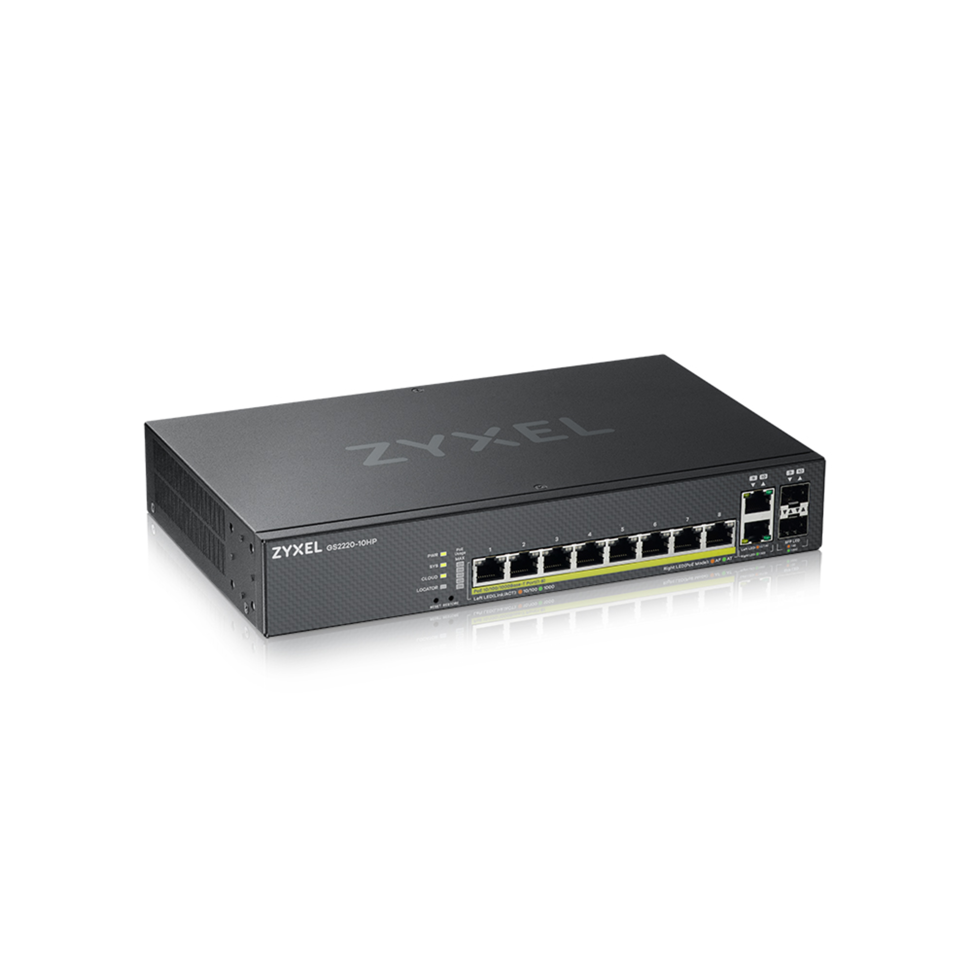 Коммутатор ZYXEL NebulaFlex Pro GS2220-10HP Hybrid L2 PoE+ Switch, 19 rack, 8xGE PoE+, 2xCombo (SFP / RJ-45), 180W PoE Budget, Standalone / Cloud Man