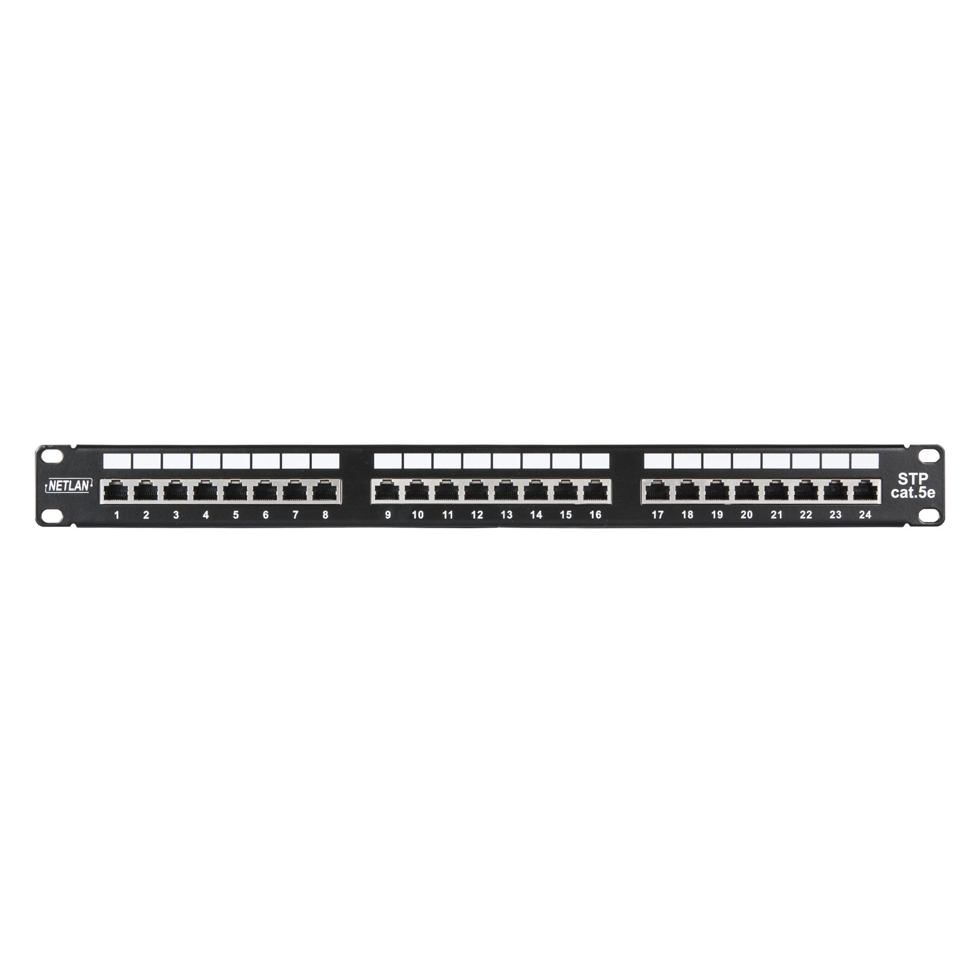 Коммутационная панель NETLAN 19, 1U, 24 порта, Кат.5e (Класс D), 100МГц, RJ45/8P8C, 110/KRONE, T568A/B, экранированная, черная