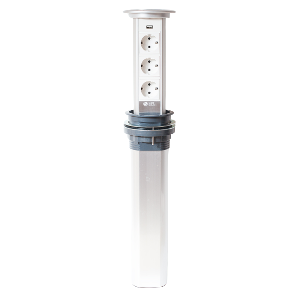 Блок розеточный настольный, 3х2К+З, 1-USB (45х45) автоматический , выдвижной, алюминий, IP54