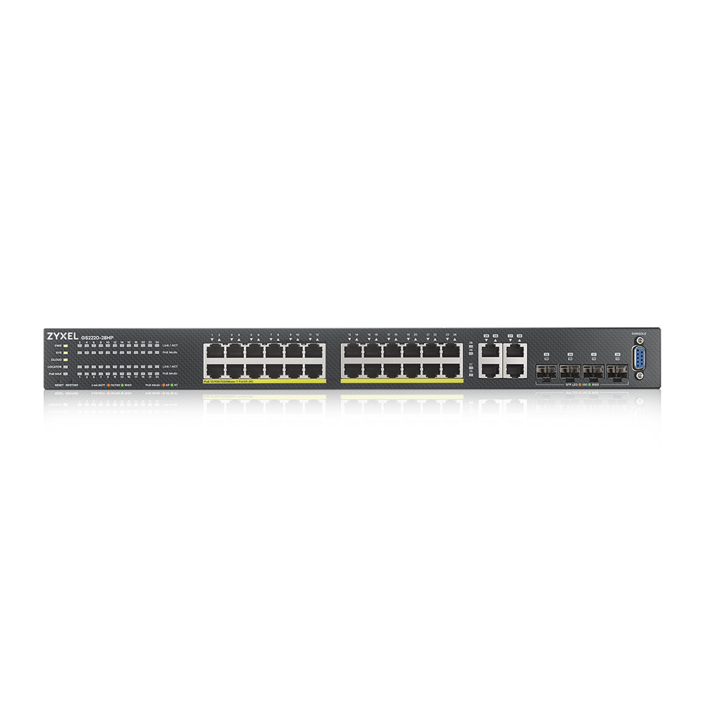 Коммутатор ZYXEL NebulaFlex Pro GS2220-28HP Hybrid L2 PoE+ switch , rack 19 , 24xGE PoE+, 4xCombo (SFP / RJ-45), budget 375 W, standalone / cloud man
