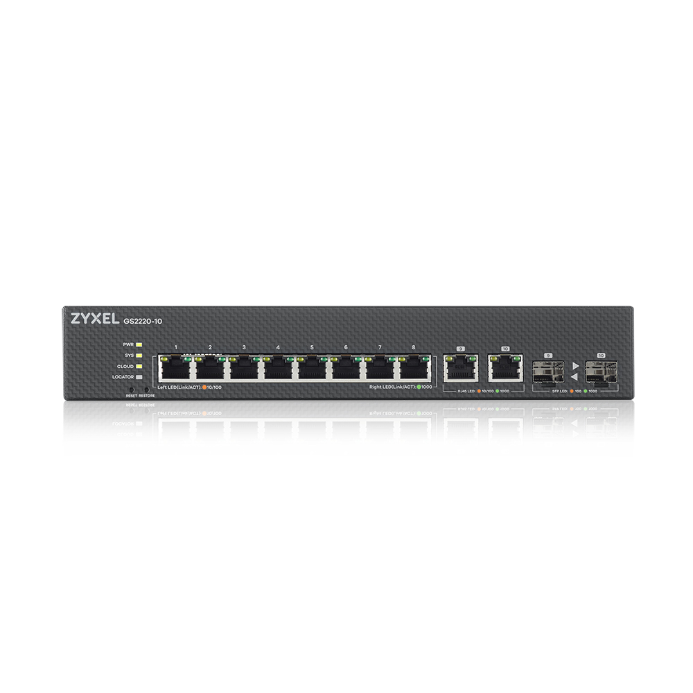 Коммутатор ZYXEL NebulaFlex Pro GS2220-10 Hybrid L2 Switch, rack 19 , 8xGE, 2xCombo (SFP / RJ-45), silent, standalone / cloud management