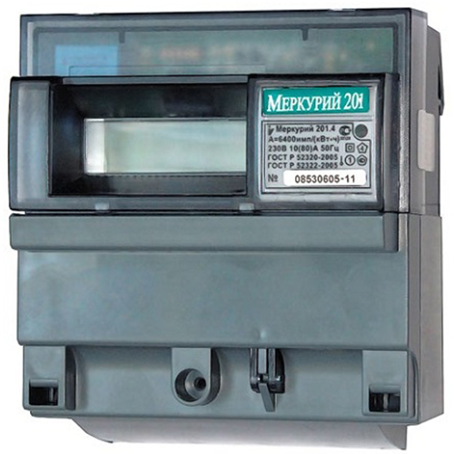 Счетчик Меркурий 201.4 1ф 10-80А 1 класс точн. 1 тариф.; имп. вых. ЖКИ DIN-рейка