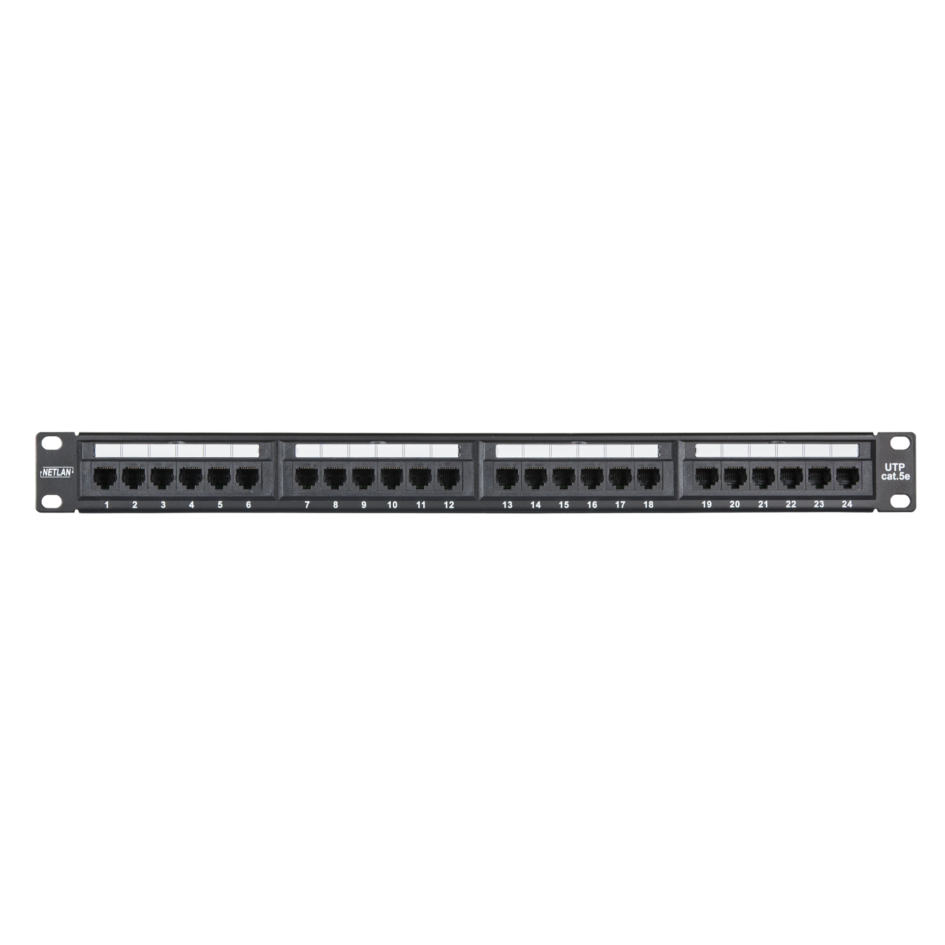 Коммутационная панель NETLAN 19, 1U, 24 порта, Кат.5e (Класс D), 100МГц, RJ45/8P8C, 110/KRONE, T568A/B, неэкранированная, черная
