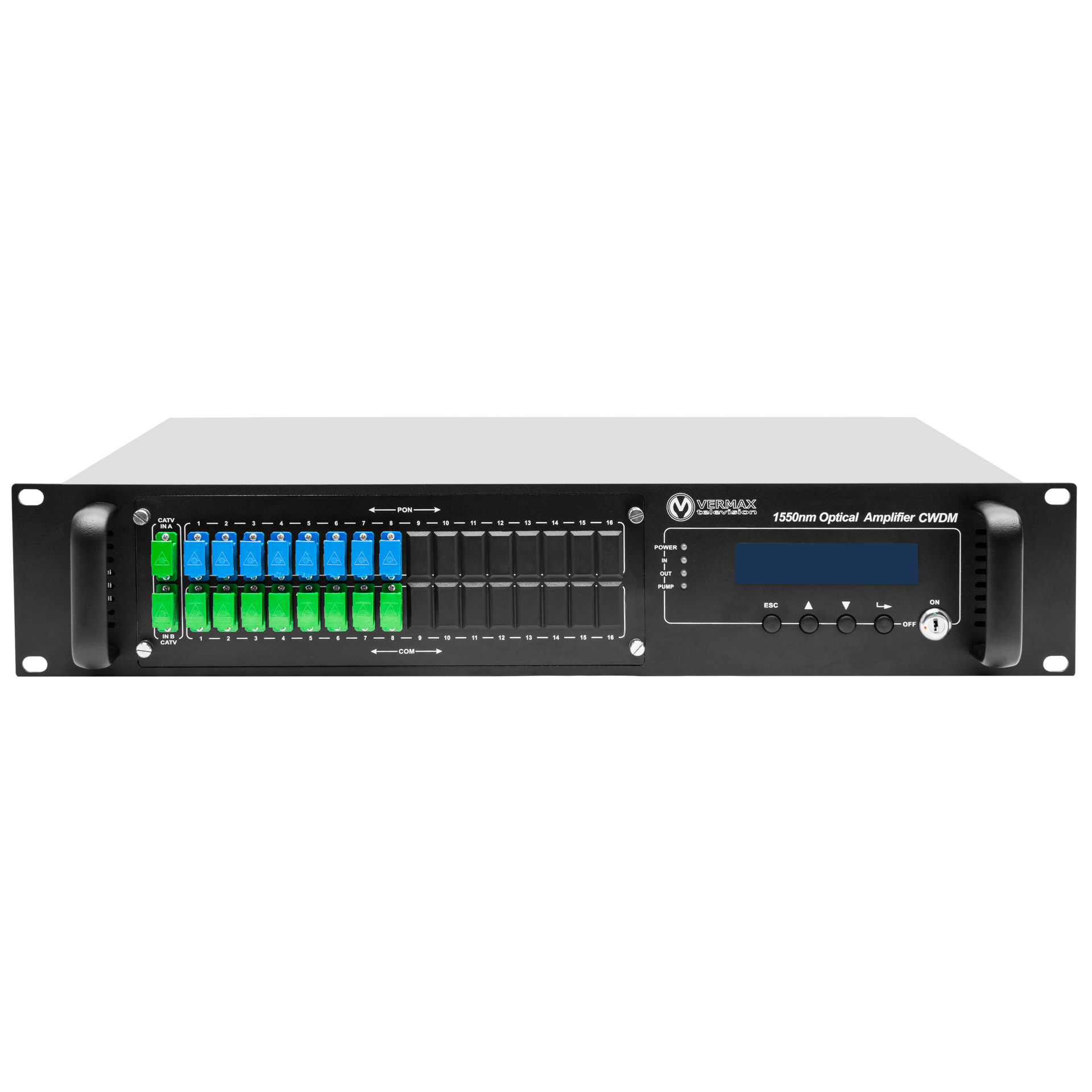 Оптический усилитель VERMAX для сетей КТВ, 2 входа, 16*23dBm выхода, WDM фильтр PON