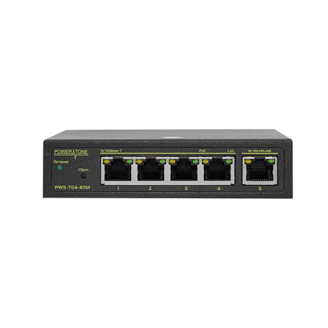 PoE коммутатор Web Smart PWS-T04-60M,  4x10/100BASE-TX PoE 802.3af&at + 1x10/100BASE-TX, внешний БП 60Вт