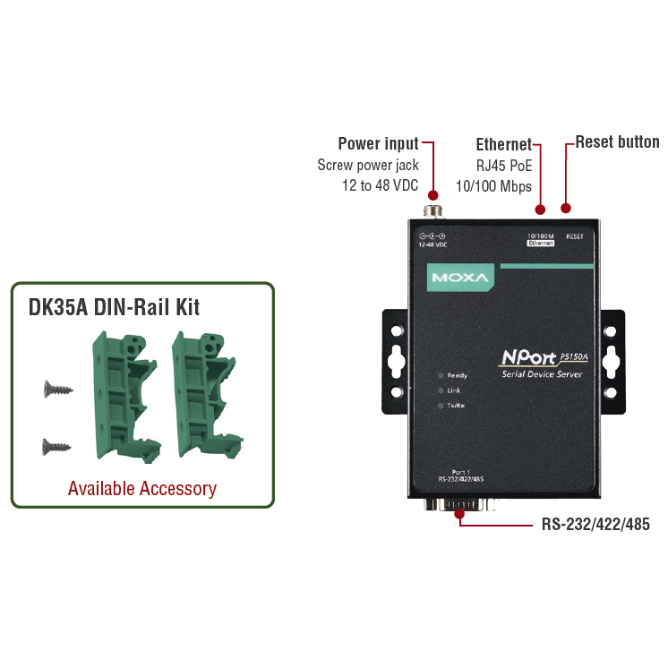 NPort P5150A 1-портовый сервер RS-232/422/485 в Ethernet с возможностью питания через Ethernet (PoE, стандарт IEEE 802.3af) MOXA