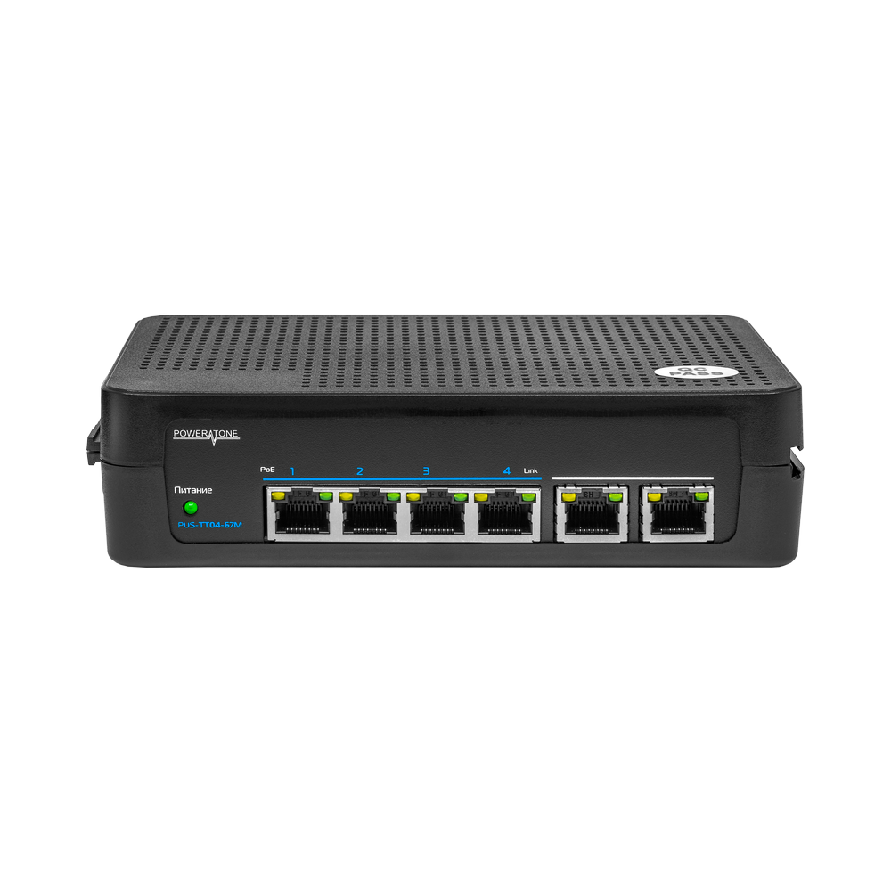 PoE коммутатор неуправляемый  PUS-TT04L-67M, 4x10/100BASE-TX 802.3af&at + 2x10/100BASE-TX, c изол. портов, PoE бюджет 67Вт, до 30Вт на порт