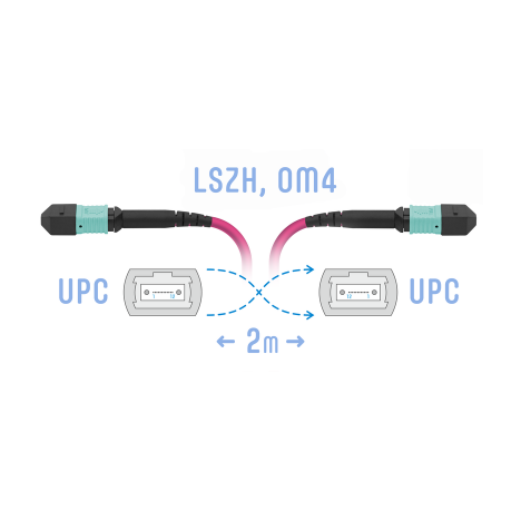 Патчкорд оптический MPO/UPC FF MM (50/125 OM4), 12 волокон, 2 метра (Cross)