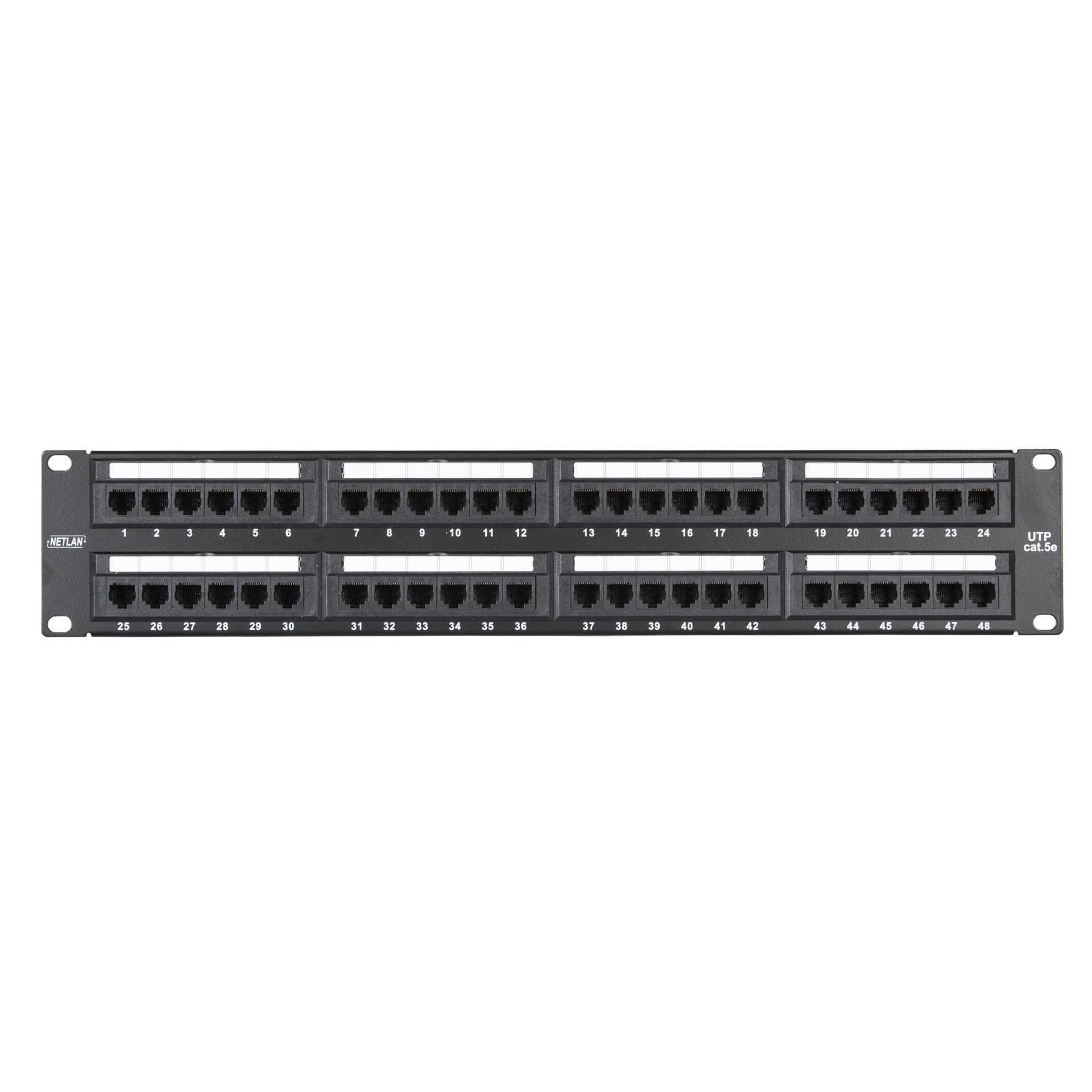 Коммутационная панель NETLAN 19, 2U, 48 портов, Кат.5e (Класс D), 100МГц, RJ45/8P8C, 110/KRONE, T568A/B, неэкранированная, черная