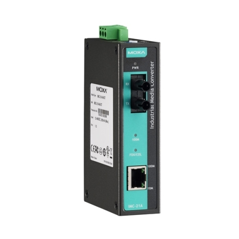 Медиаконвертер Ethernet 10/100BaseTX в 100BaseFX (многомодовое оптоволокно) в металлическом корпусе с расширенным диапазоном температур MOXA