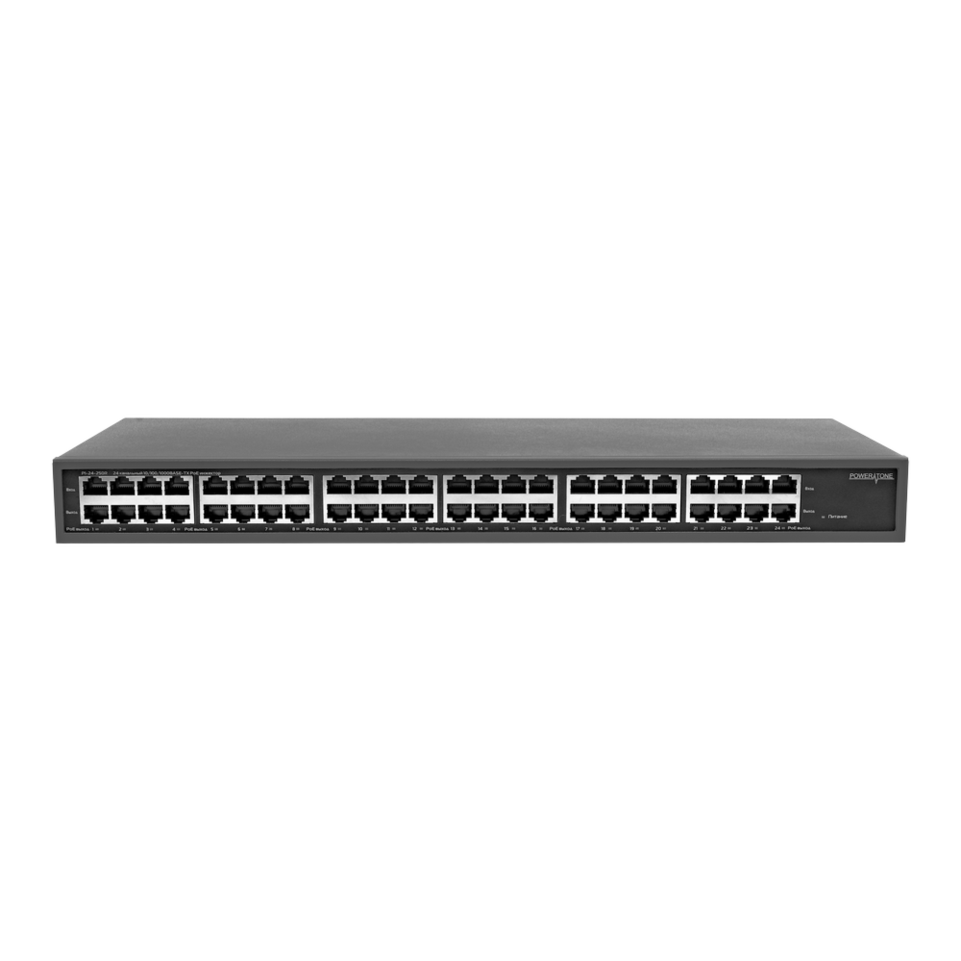PoE инжектор стоечный неуправляемый PI-24-250R, 24x10/100/1000BASE-T PoE 802.3af&at, PoE бюджет 250Вт
