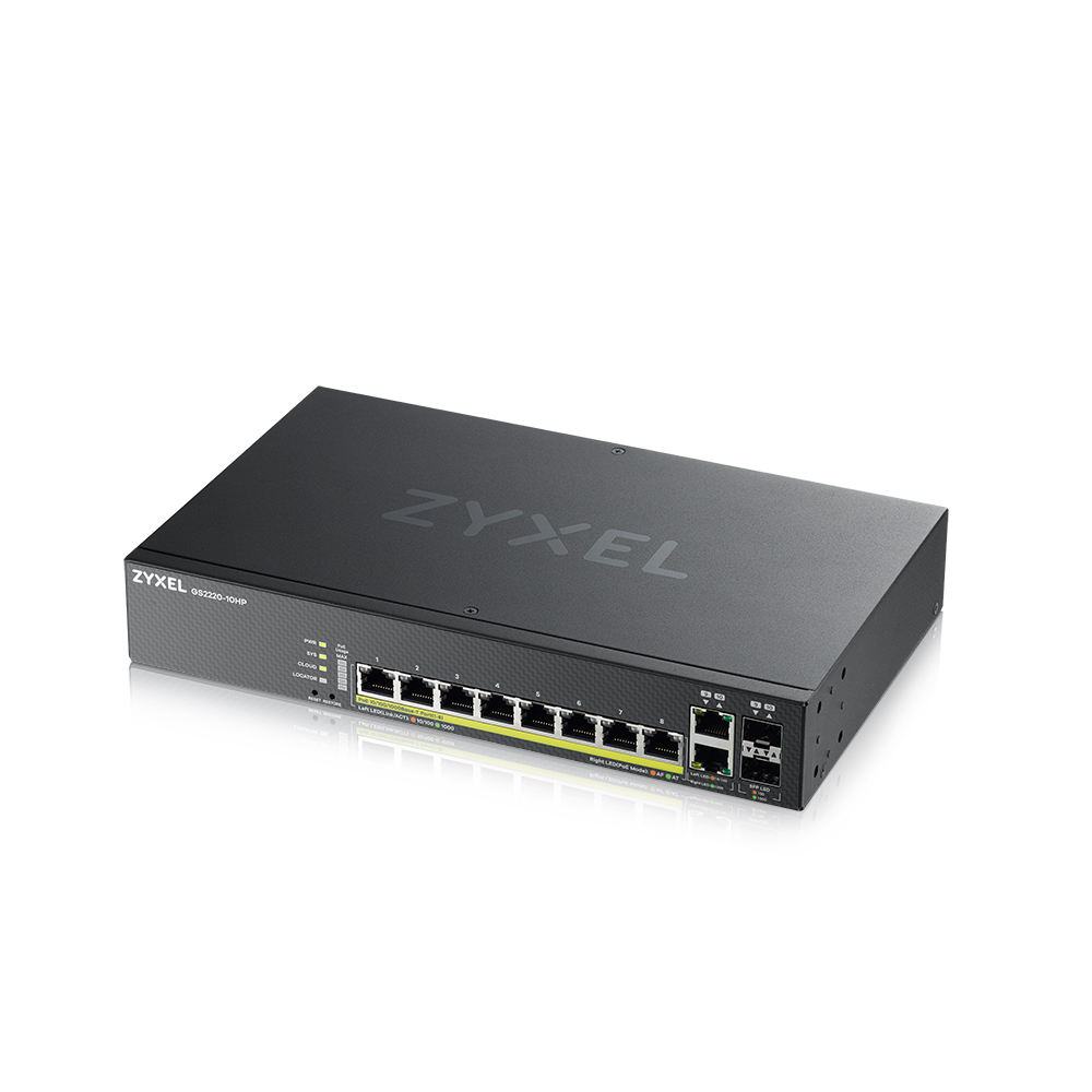 Коммутатор ZYXEL NebulaFlex Pro GS2220-10HP Hybrid L2 PoE+ Switch, 19 rack, 8xGE PoE+, 2xCombo (SFP / RJ-45), 180W PoE Budget, Standalone / Cloud Man