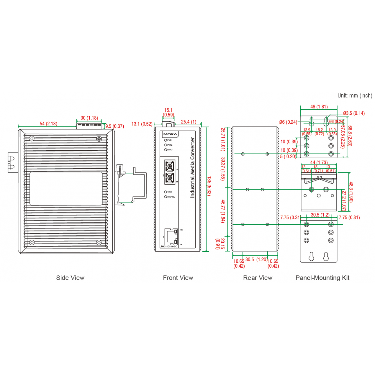 Медиаконвертер Ethernet 10/100BaseTX в 100BaseFX (одномодовое оптоволокно) в металлическом корпусе с расширенным диапазоном температур MOXA