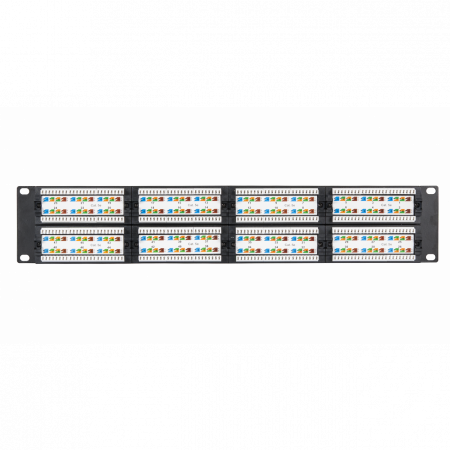 Коммутационная панель NETLAN 19, 2U, 48 портов, Кат.5e (Класс D), 100МГц, RJ45/8P8C, 110/KRONE, T568A/B, неэкранированная, черная