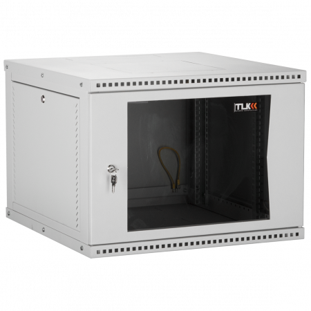 Настенный разборный шкаф TLK 19, 15U, стеклянная дверь, Ш600хВ703хГ600мм, 2 пары монтажных направляющих, серый
