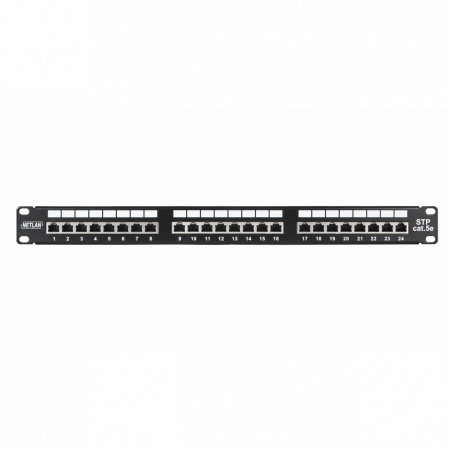 Коммутационная панель NETLAN 19, 1U, 24 порта, Кат.5e (Класс D), 100МГц, RJ45/8P8C, 110/KRONE, T568A/B, экранированная, черная
