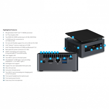 Платформа Intel NUC, Core i7-8559U BOXNUC8I7BEH2