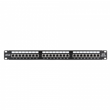 Коммутационная панель NETLAN 19, 1U, 24 порта, Кат.5e (Класс D), 100МГц, RJ45/8P8C, 110/KRONE, T568A/B, экранированная, черная