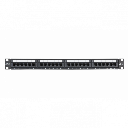 Коммутационная панель NETLAN 19, 1U, 24 порта, Кат.5e (Класс D), 100МГц, RJ45/8P8C, 110/KRONE, T568A/B, неэкранированная, черная