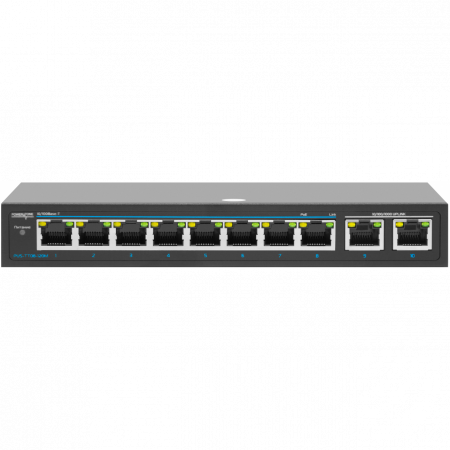 PoE коммутатор неуправляемый  PUS-TT08L-115M, 8x10/100BASE-TX 802.3af&at + 2х10/100/1000BASE-TX, c изол. портов, PoE бюджет 115Вт, до 30Вт на порт