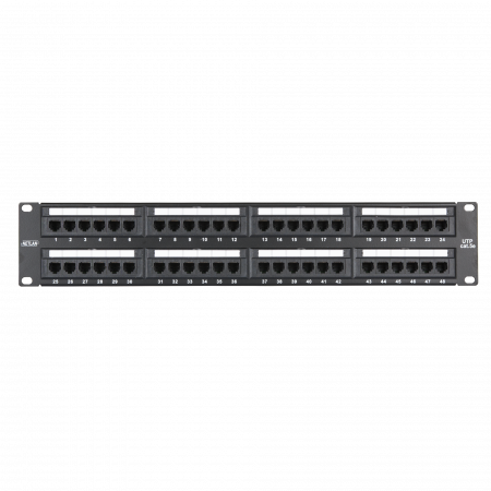 Коммутационная панель NETLAN 19, 2U, 48 портов, Кат.5e (Класс D), 100МГц, RJ45/8P8C, 110/KRONE, T568A/B, неэкранированная, черная