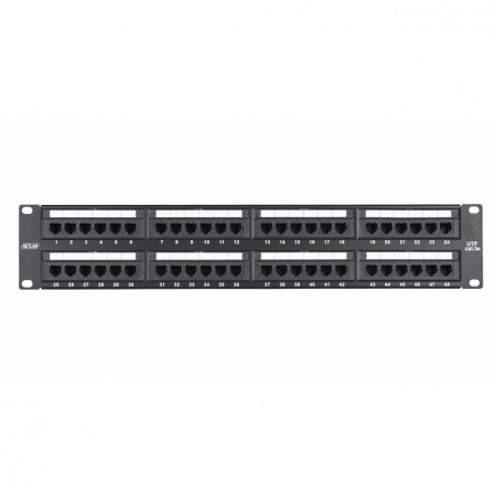 Коммутационная панель NETLAN 19, 2U, 48 портов, Кат.5e (Класс D), 100МГц, RJ45/8P8C, 110/KRONE, T568A/B, неэкранированная, черная