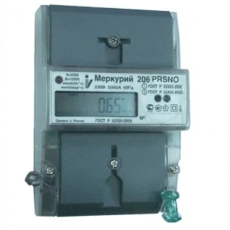 Счетчик Меркурий 206 PRSNO 5-60А, 1.0/2.0 класс, многотарифный, оптопорт, RS-485 с внутренним питанием, реле, ЖКИ