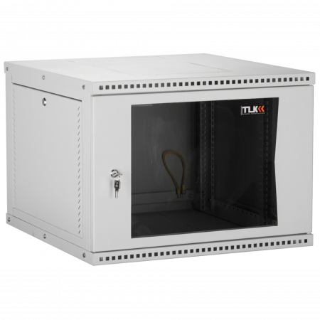 Настенный разборный шкаф TLK 19, 12U, стеклянная дверь, Ш600хВ569хГ600мм, 2 пары монтажных направляющих, серый