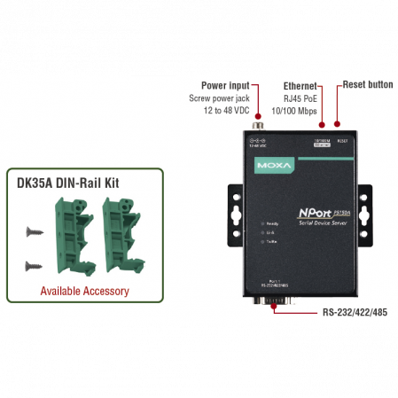 NPort P5150A 1-портовый сервер RS-232/422/485 в Ethernet с возможностью питания через Ethernet (PoE, стандарт IEEE 802.3af) MOXA