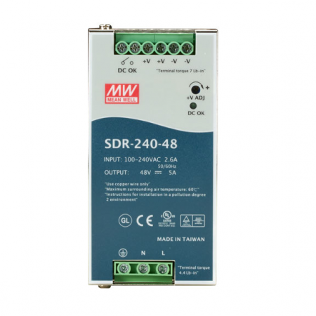 SDR-240-48 Мощный блок питания на DIN-рейку, 48В, 5А, 240Вт Mean Well