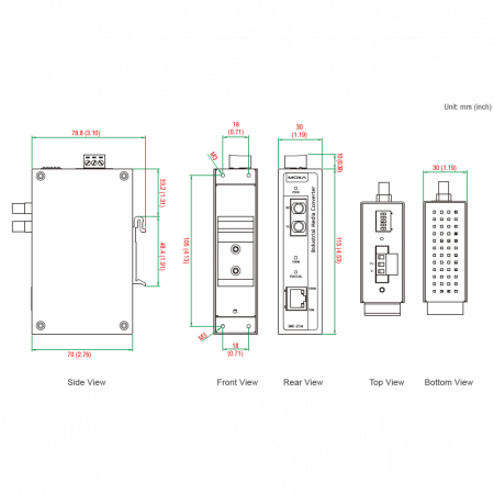 Медиаконвертер Ethernet 10/100BaseTX в 100BaseFX (многомодовое оптоволокно) в металлическом корпусе с расширенным диапазоном температур MOXA