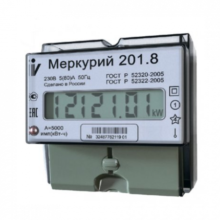 Счетчик Меркурий 201.8 1ф 5-80А 1 класс точн. 1 тариф.; имп. вых.