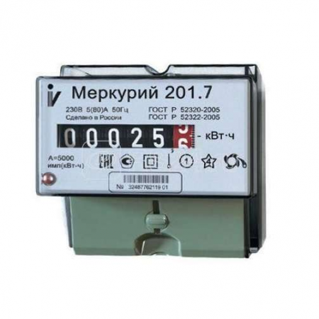 Счетчик Меркурий 201.7 1ф 5-60А 1 класс точн. 1 тариф. мех. табло DIN-рейка Инкотекс 32680