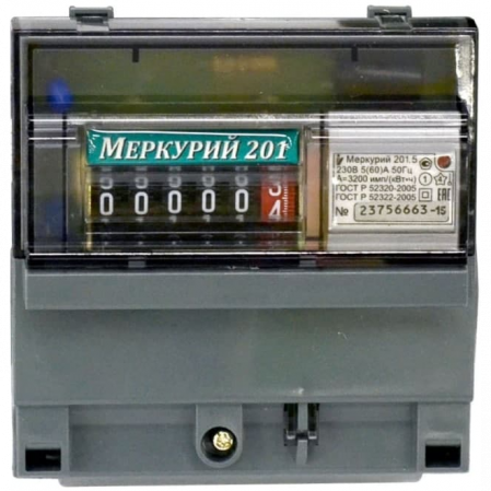 Счетчик Меркурий 201.5 1ф 5-60А 1 класс точн. 1 тариф.; имп. вых. мех